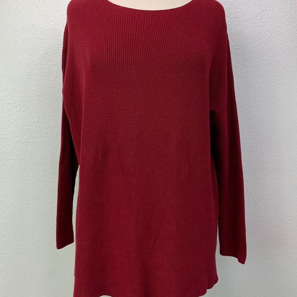 Boston Proper Burgundy Rib Knit Sweater Boat Neck Long Sleeve Cotton Top Size M - Picture 1 of 7